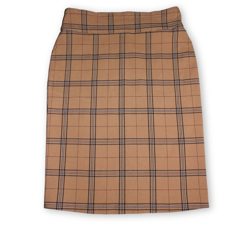 Tan Plaid Capsule Wardrobe Pencil Midi Skirt Sz S